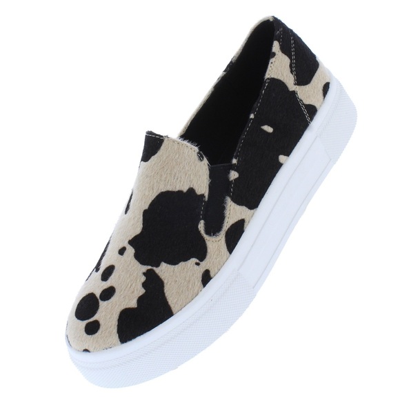 Shoes - Black Vegan Leather Calfskin Animal Print Slide On Flat Sneakers